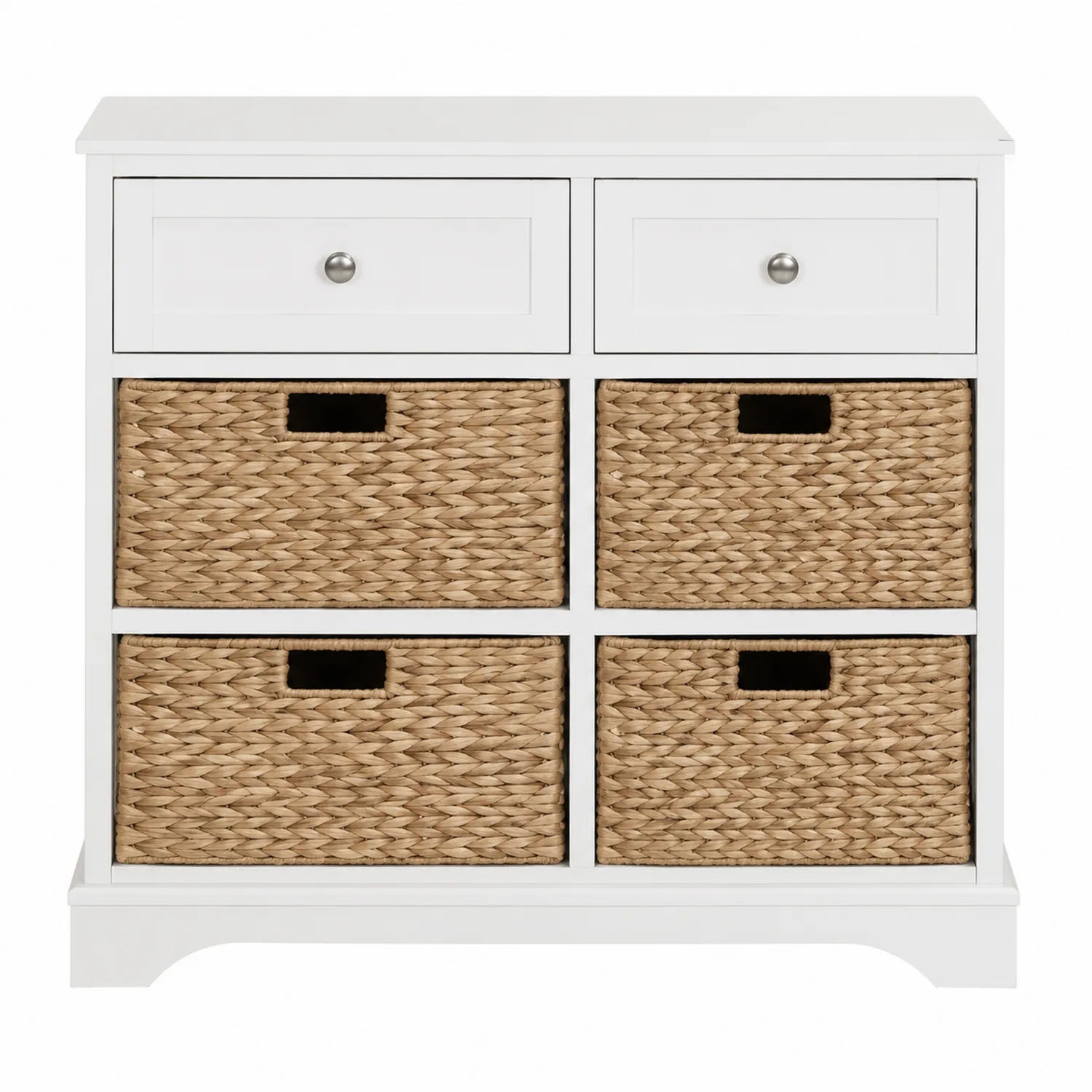 Weißer Holzschrank mit 2 Schubladen und 4 Weidenkörben