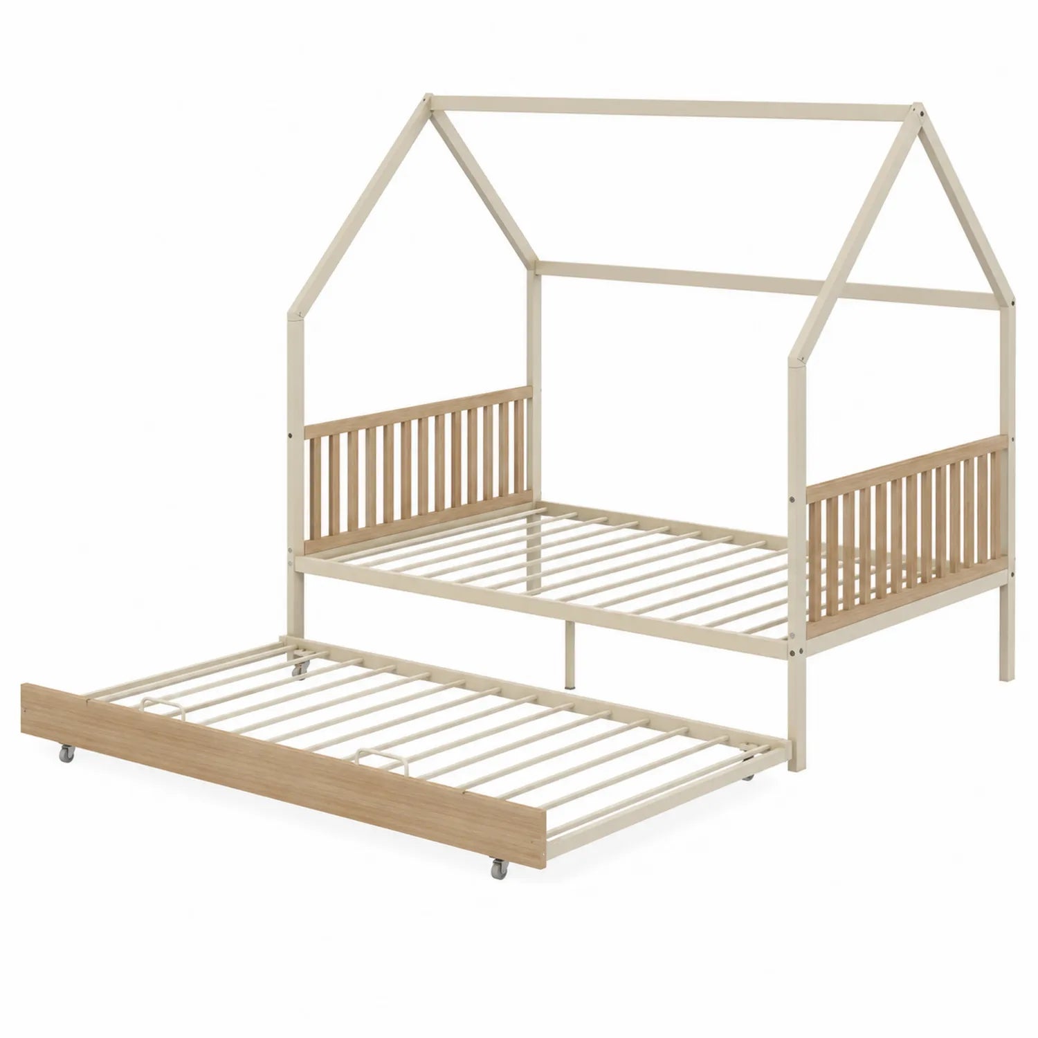 Kinderhausbett mit Ausziehbett aus Holz und Metall Beige 200x90 cm