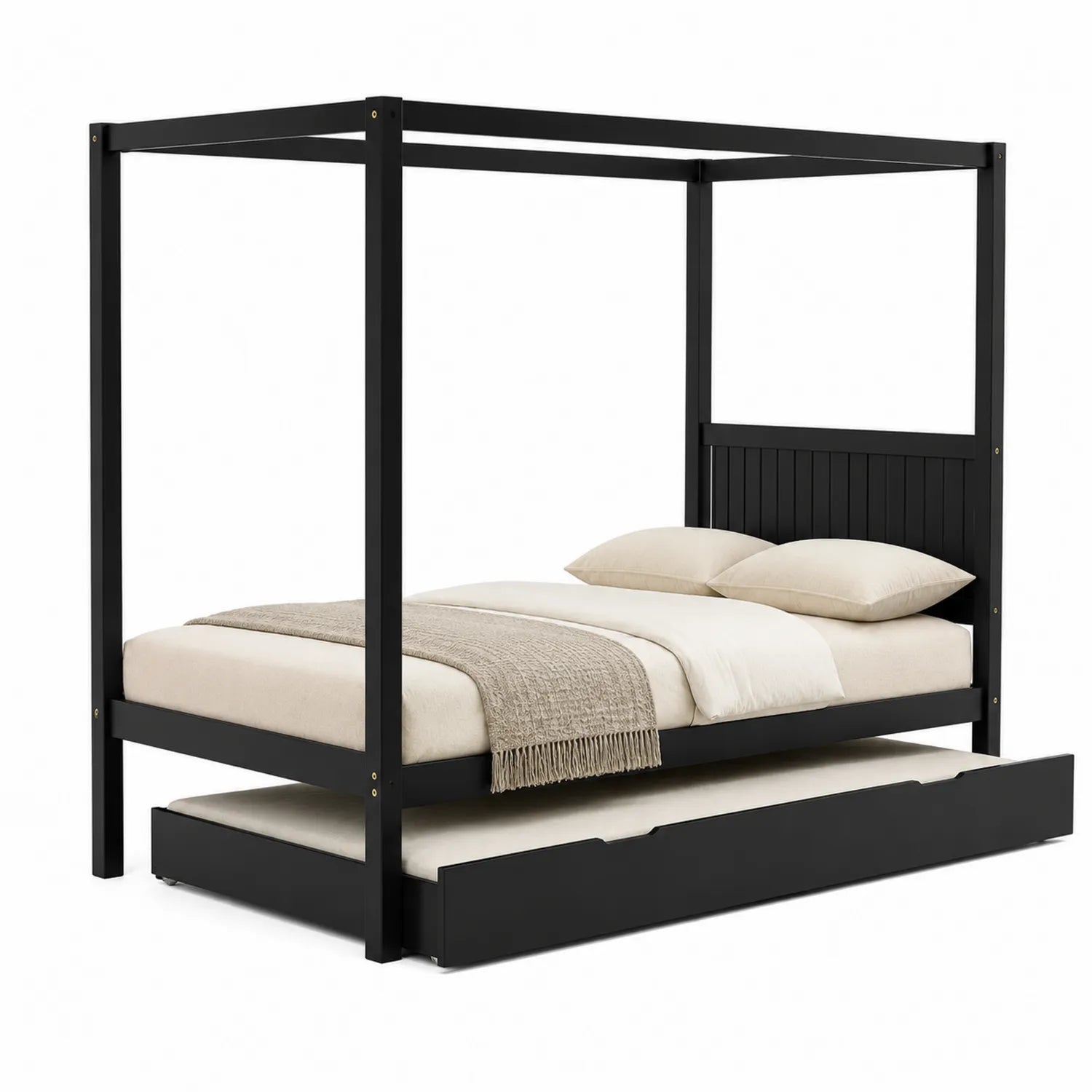 Holz Himmelbett mit ausziehbarem Bettkasten Schwarz 200x90 cm