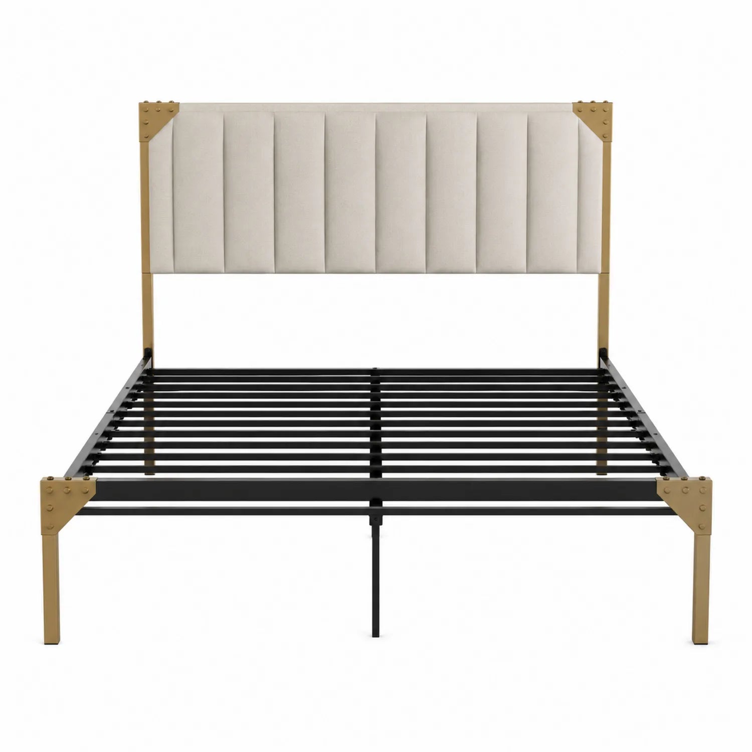Metallbett mit gepolstertem Kopfteil aus Leinen 140x200 cm Beige/Schwarz