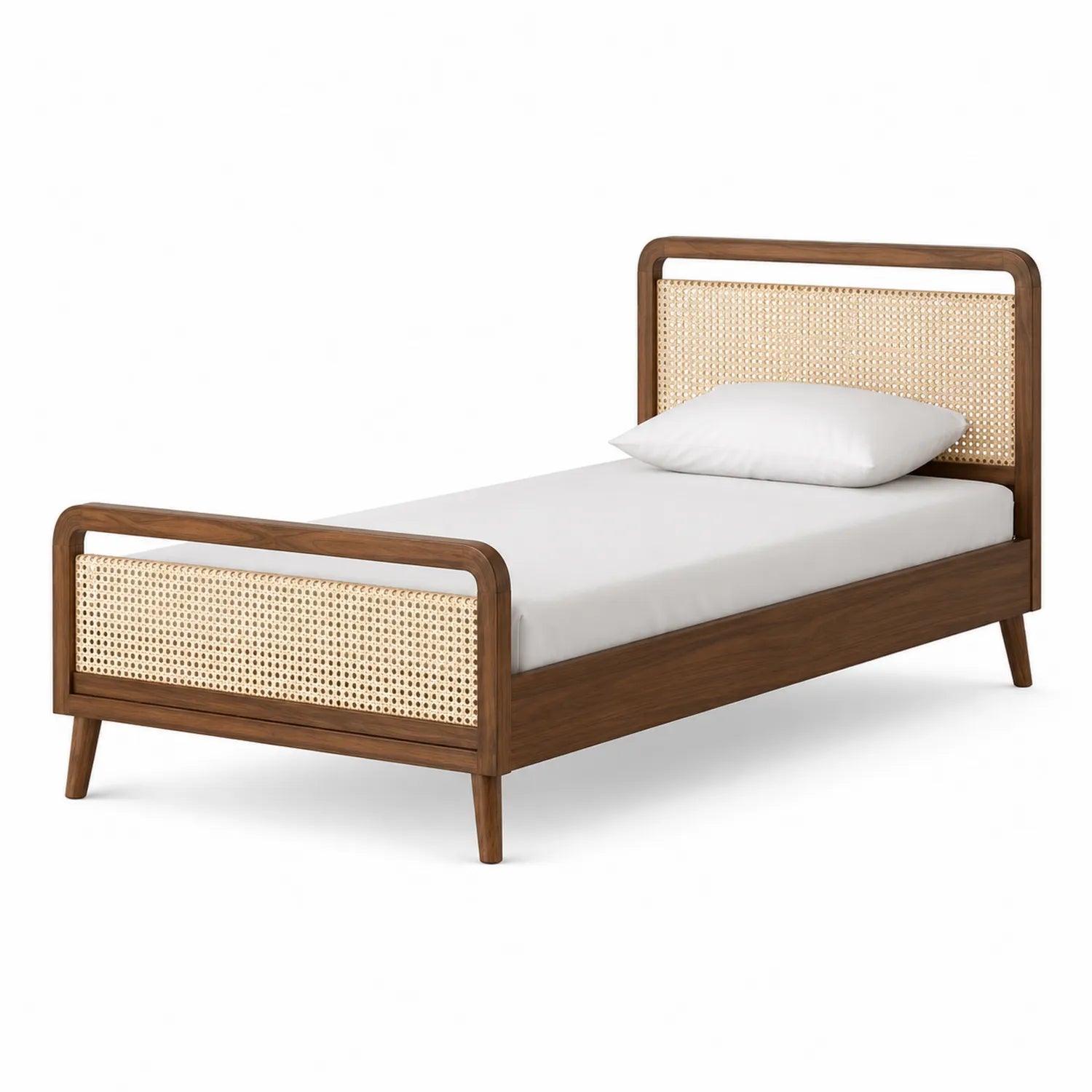 Einzelbett aus Walnussholz und Rattan 90x200 cm